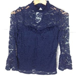 Blue Lace Blouse Top Lily White Lace Bell Sleeve